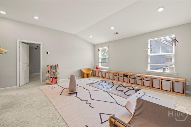 333 Waverly Ln, Richmond Hill, GA 31324 - rec room with vaulted ceiling, light colored carpet, baseboards, and recessed lighting