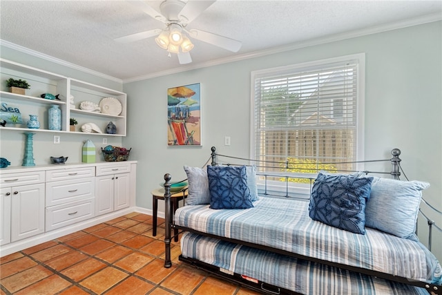 1406 Jones Ave, Tybee Island, GA 31328 - sitting room featuring crown molding, a textured ceiling, a ceiling fan, and light tile patterned flooring