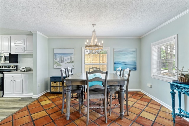 1406 Jones Ave, Tybee Island, GA 31328 - dining space featuring a chandelier, light tile patterned floors, a textured ceiling, crown molding, and baseboards