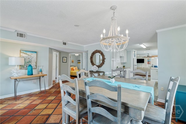 1406 Jones Ave, Tybee Island, GA 31328 - dining area featuring a chandelier, a textured ceiling, crown molding, a ceiling fan, and light tile patterned floors