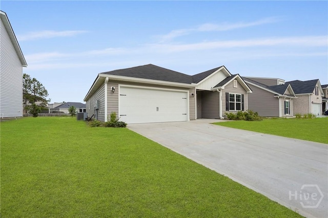 232 Cromer St, Savannah, GA 31407 - ranch-style home with driveway, an attached garage, central AC unit, a front yard, and board and batten siding