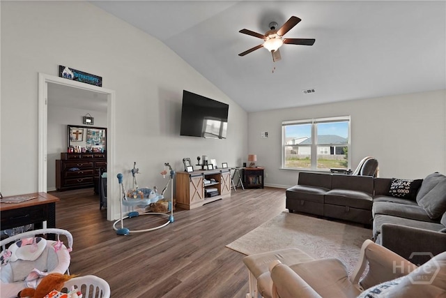 232 Cromer St, Savannah, GA 31407 - living area with lofted ceiling, a ceiling fan, wood finished floors, and baseboards