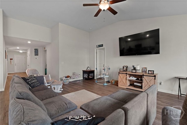 232 Cromer St, Savannah, GA 31407 - living room featuring a ceiling fan, wood finished floors, vaulted ceiling, and baseboards