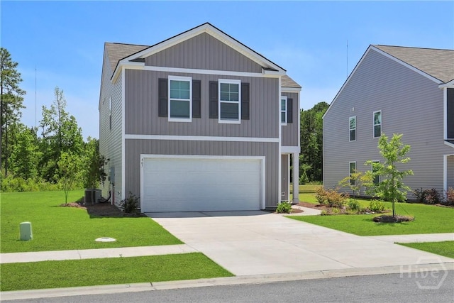 407 Coconut Dr, Bloomingdale, GA 31322 - view of front of home with central air condition unit, a garage, concrete driveway, and a front yard