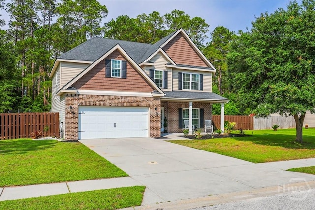 115 Meadowlands Dr, Rincon, GA 31326 - craftsman-style home featuring driveway, brick siding, covered porch, an attached garage, and a shingled roof