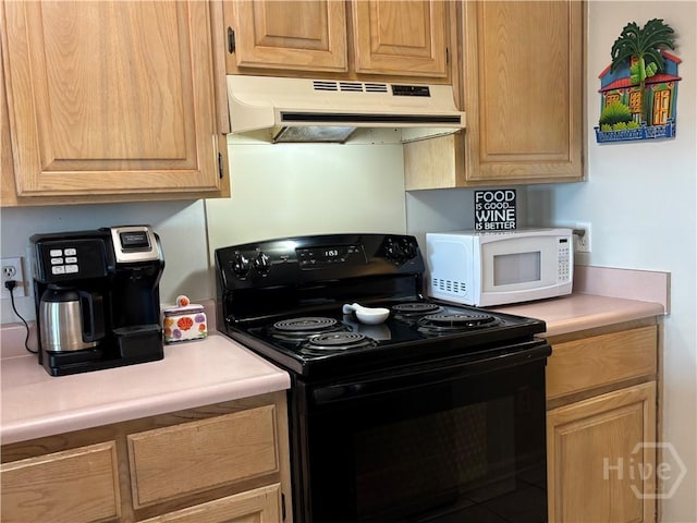 1 Center St Unit 3, Tybee Island, GA 31328 - kitchen featuring electric range, under cabinet range hood, white microwave, light countertops, and light brown cabinetry