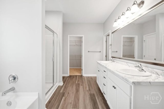 301 Akins Ranch Rd NE, Ludowici, GA 31316 - bathroom featuring a walk in closet, a shower stall, double vanity, wood finished floors, and a bath