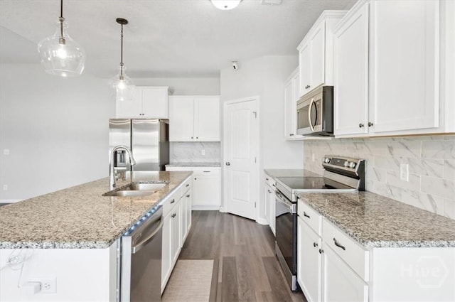 301 Akins Ranch Rd NE, Ludowici, GA 31316 - kitchen featuring appliances with stainless steel finishes, a sink, dark wood-style floors, and white cabinetry