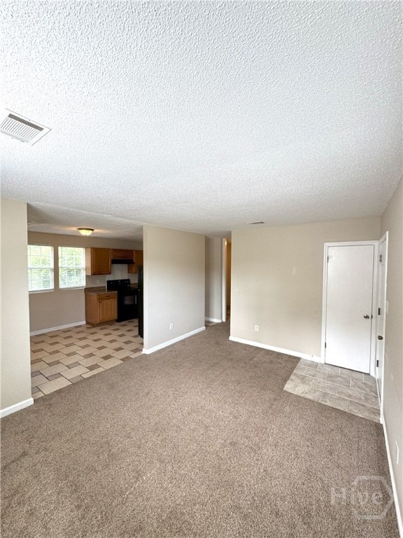 115 New Stillwell Rd, Springfield, GA 31329 - unfurnished living room featuring a textured ceiling, baseboards, and light colored carpet