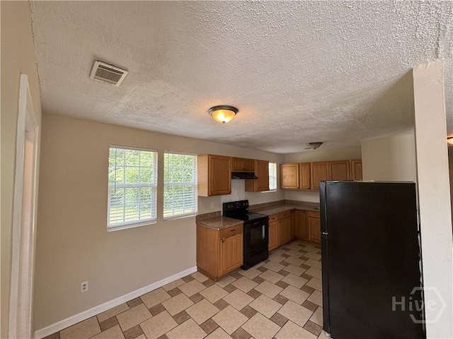 115 New Stillwell Rd, Springfield, GA 31329 - kitchen featuring black appliances, baseboards, under cabinet range hood, a textured ceiling, and light floors