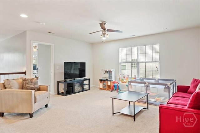 45 Glen Way, Richmond Hill, GA 31324 - living room with a ceiling fan, carpet floors, recessed lighting, and baseboards