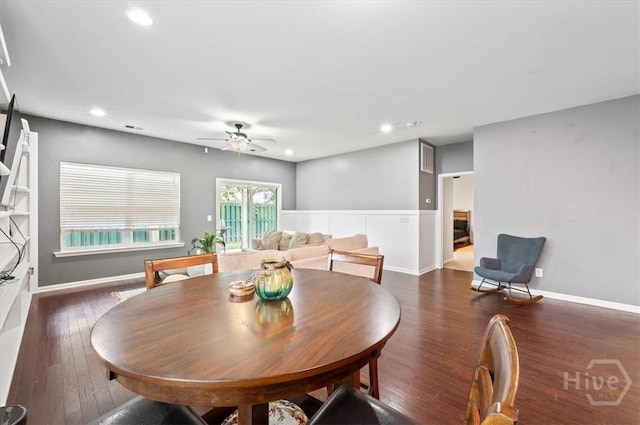 45 Glen Way, Richmond Hill, GA 31324 - dining room with a ceiling fan, dark wood finished floors, recessed lighting, and baseboards