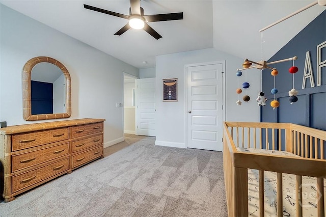 202 Thatcher St, Guyton, GA 31312 - bedroom with light carpet, baseboards, lofted ceiling, and ceiling fan