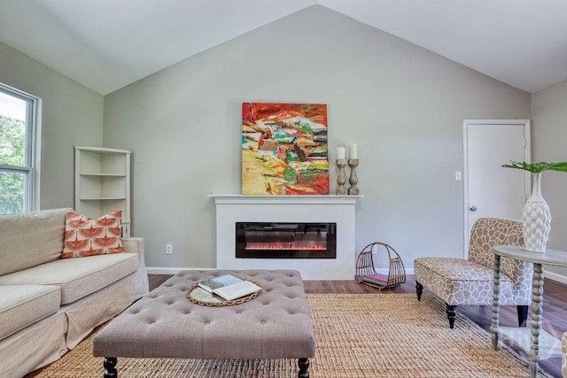 1522 Marcy Cir, Savannah, GA 31406 - living area featuring a glass covered fireplace, wood finished floors, baseboards, and high vaulted ceiling