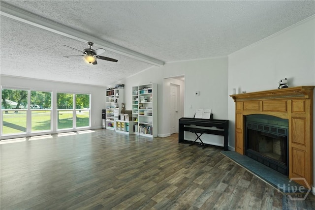 132 Waymaker Dr, Midway, GA 31320 - living area with a textured ceiling, dark wood-style floors, a fireplace with raised hearth, a ceiling fan, and baseboards
