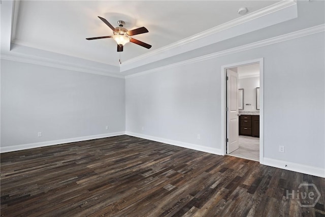 194 Shortleaf Trl, Richmond Hill, GA 31324 - unfurnished room featuring a tray ceiling, a ceiling fan, dark wood-style floors, baseboards, and ornamental molding