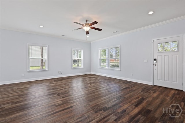 194 Shortleaf Trl, Richmond Hill, GA 31324 - unfurnished living room featuring crown molding, a ceiling fan, dark wood-type flooring, baseboards, and recessed lighting