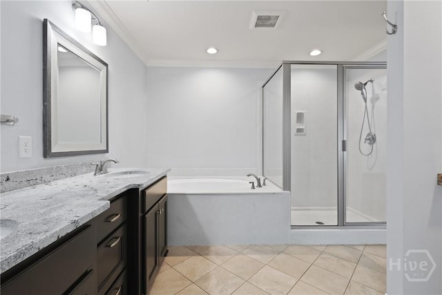 194 Shortleaf Trl, Richmond Hill, GA 31324 - full bathroom with a bath, ornamental molding, double vanity, a shower stall, and tile patterned floors
