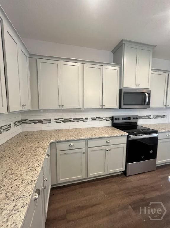 139 Sams Dr, Guyton, GA 31312 - kitchen with appliances with stainless steel finishes, tasteful backsplash, dark wood finished floors, and light stone countertops