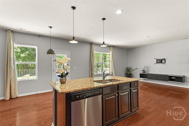 4 Crest View Cir, Pooler, GA 31322 - kitchen with dishwasher, a sink, dark wood-style flooring, and light stone countertops