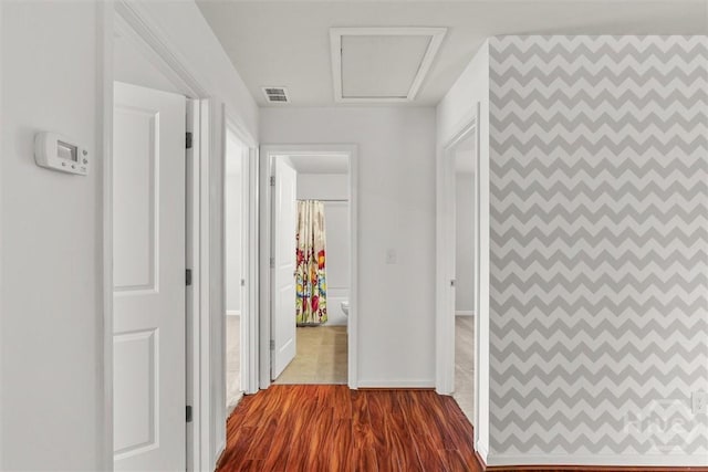 4 Crest View Cir, Pooler, GA 31322 - corridor featuring dark wood-style flooring, attic access, and baseboards