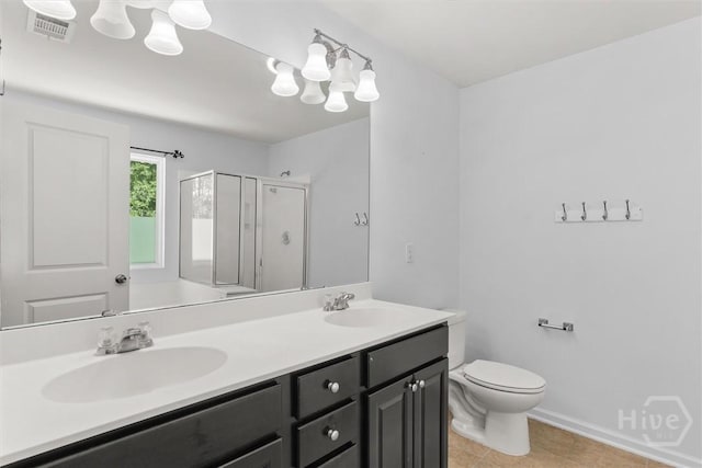4 Crest View Cir, Pooler, GA 31322 - full bathroom featuring a shower stall, double vanity, toilet, tile patterned flooring, and a chandelier