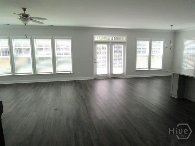 32 Brookhaven Dr, Savannah, GA 31407 - unfurnished living room featuring ornamental molding, a ceiling fan, dark wood-style flooring, and baseboards