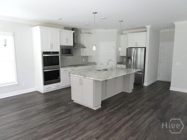 32 Brookhaven Dr, Savannah, GA 31407 - kitchen with a sink, stainless steel appliances, baseboards, wall chimney exhaust hood, and white cabinetry