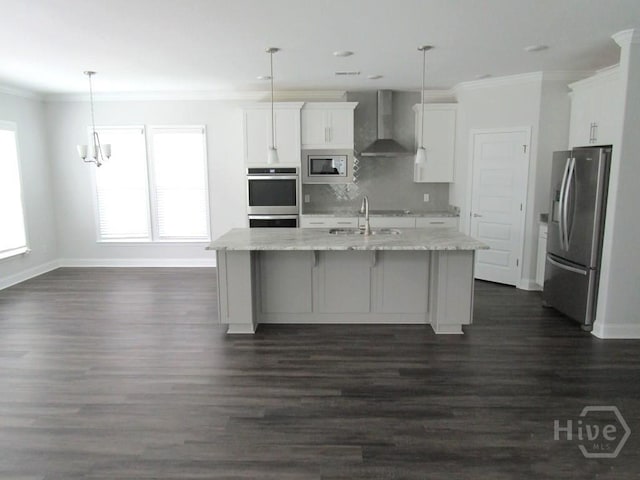 32 Brookhaven Dr, Savannah, GA 31407 - kitchen featuring appliances with stainless steel finishes, wall chimney exhaust hood, baseboards, white cabinets, and crown molding