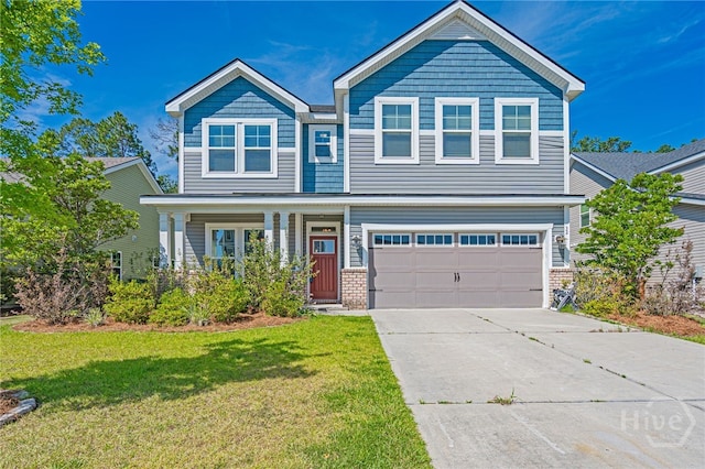 32 Brookhaven Dr, Savannah, GA 31407 - view of front of home featuring a garage, a front yard, driveway, brick siding, and a porch