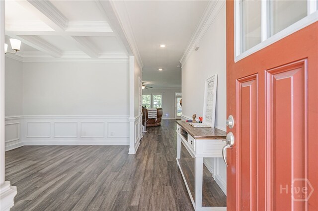 32 Brookhaven Dr, Savannah, GA 31407 - foyer with dark wood-style flooring, crown molding, recessed lighting, beam ceiling, and a ceiling fan
