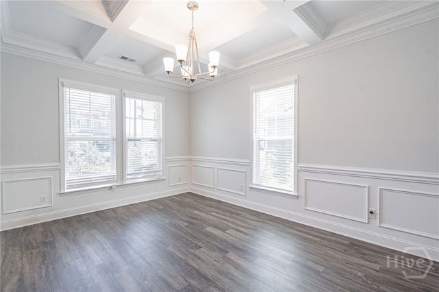32 Brookhaven Dr, Savannah, GA 31407 - spare room with a chandelier, coffered ceiling, plenty of natural light, beamed ceiling, and dark wood-style floors