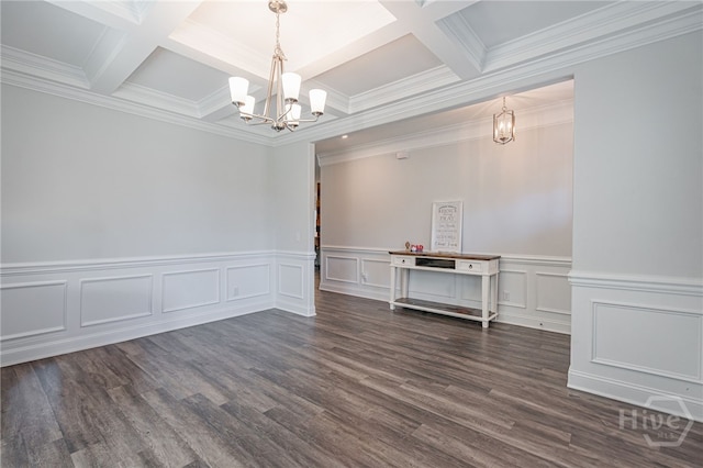 32 Brookhaven Dr, Savannah, GA 31407 - empty room with a chandelier, beam ceiling, coffered ceiling, dark wood-type flooring, and ornamental molding