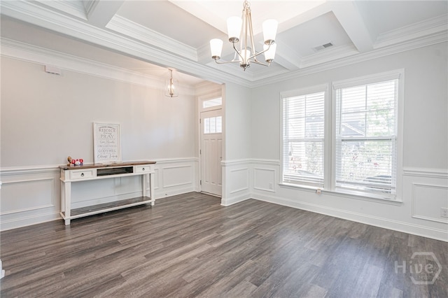 32 Brookhaven Dr, Savannah, GA 31407 - empty room featuring a chandelier, coffered ceiling, dark wood finished floors, beamed ceiling, and wainscoting