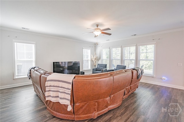 32 Brookhaven Dr, Savannah, GA 31407 - living area featuring plenty of natural light, a ceiling fan, dark wood-style flooring, and ornamental molding