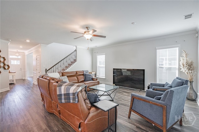 32 Brookhaven Dr, Savannah, GA 31407 - living area with stairway, healthy amount of natural light, crown molding, dark wood-type flooring, and ceiling fan