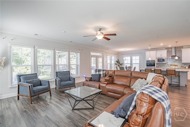 32 Brookhaven Dr, Savannah, GA 31407 - living room with ornamental molding, wood finished floors, a ceiling fan, and recessed lighting