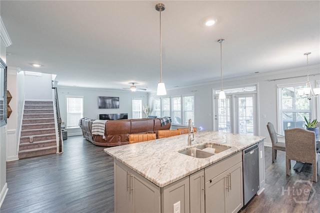 32 Brookhaven Dr, Savannah, GA 31407 - kitchen with dishwasher, dark wood-style flooring, crown molding, a center island with sink, and decorative light fixtures