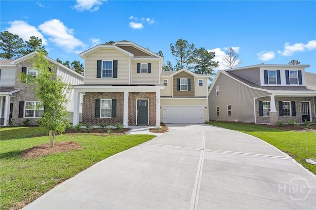 142 Guana Ln, Bloomingdale, GA 31302 - view of front of home featuring driveway, brick siding, a front yard, and an attached garage
