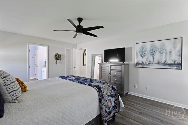 235 Cromer St, Savannah, GA 31407 - bedroom with dark wood finished floors, baseboards, a ceiling fan, and ensuite bath