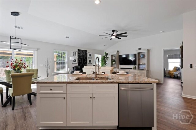 235 Cromer St, Savannah, GA 31407 - kitchen featuring a sink, stainless steel dishwasher, open floor plan, wood finished floors, and lofted ceiling