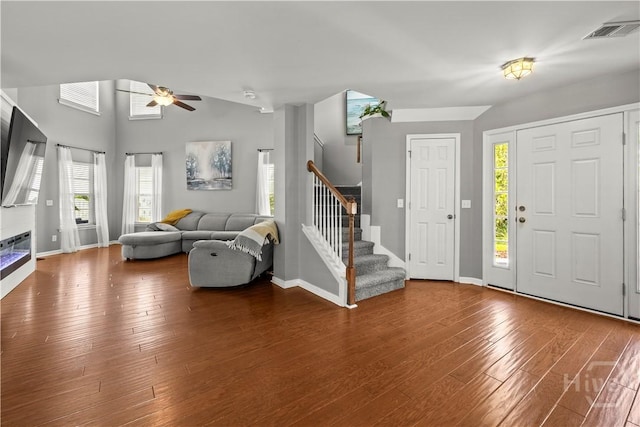 46 Central Park Way, Savannah, GA 31407 - foyer entrance featuring ceiling fan, stairway, wood finished floors, baseboards, and plenty of natural light