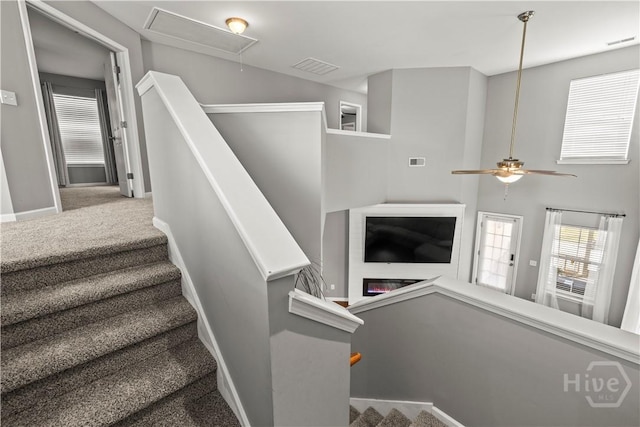 46 Central Park Way, Savannah, GA 31407 - stairway featuring attic access, a ceiling fan, carpet floors, and baseboards