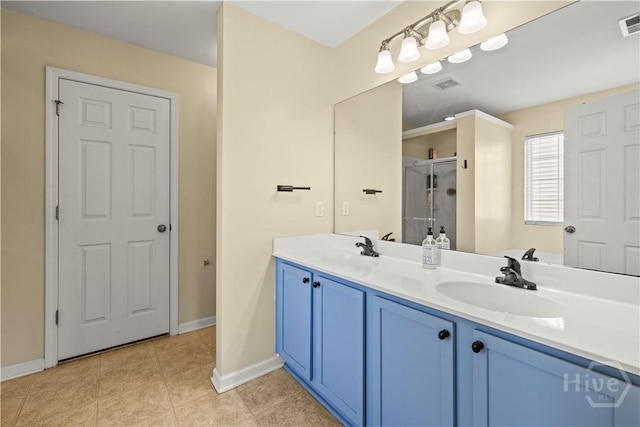 46 Central Park Way, Savannah, GA 31407 - full bathroom with double vanity, baseboards, a shower with door, and tile patterned flooring