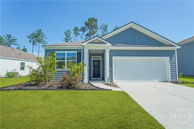 116 Fremont Ln, Pooler, GA 31322 - ranch-style house with a front yard, an attached garage, driveway, and board and batten siding