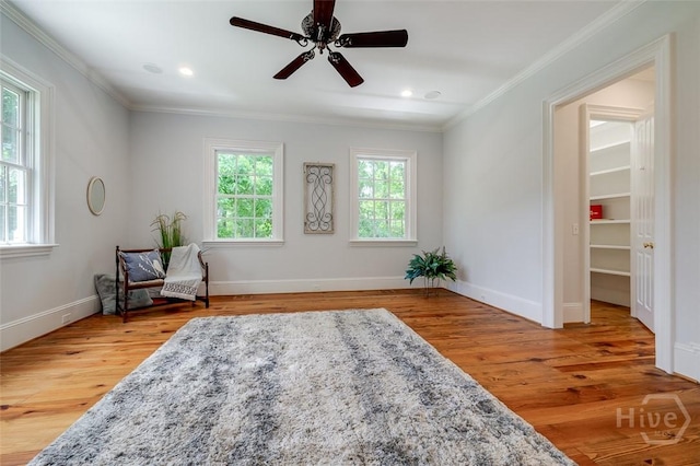 36 Belted Kingfisher Ln, Richmond Hill, GA 31324 - sitting room with ornamental molding, light wood-type flooring, ceiling fan, baseboards, and recessed lighting