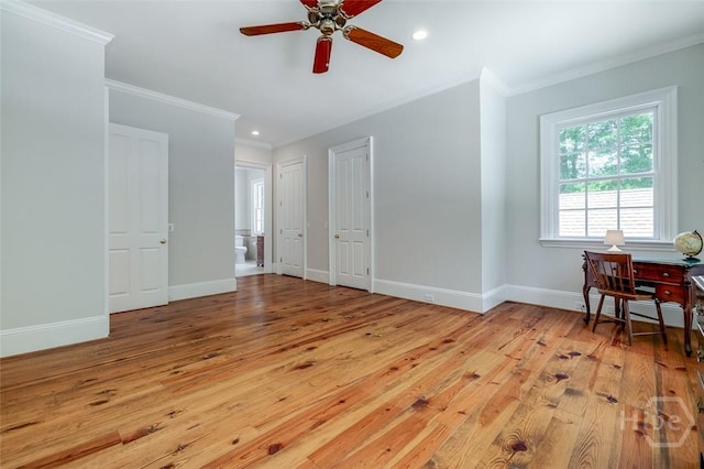 36 Belted Kingfisher Ln, Richmond Hill, GA 31324 - interior space featuring light wood finished floors, ornamental molding, a ceiling fan, baseboards, and recessed lighting