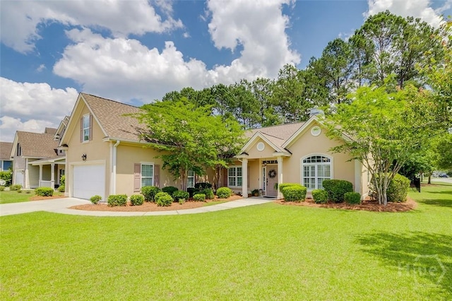 2 Iron Gate Ct, Pooler, GA 31322 - view of front facade with stucco siding, an attached garage, a front lawn, driveway, and a shingled roof