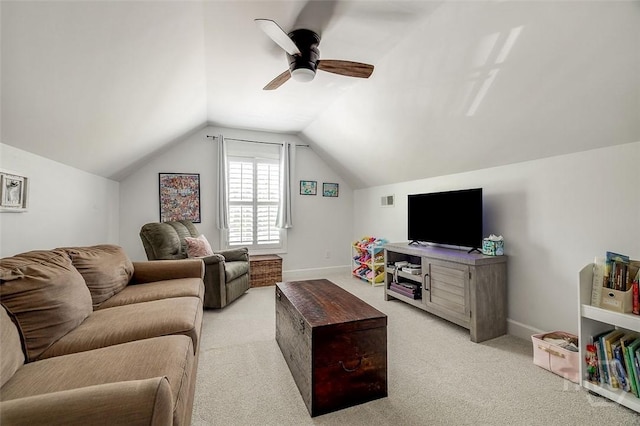 2 Iron Gate Ct, Pooler, GA 31322 - living room with light carpet, lofted ceiling, ceiling fan, and baseboards