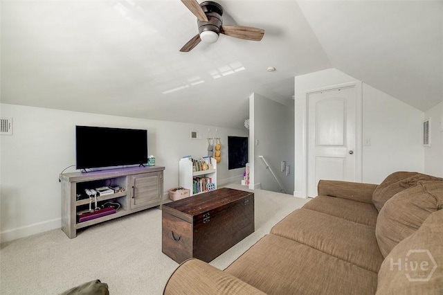 2 Iron Gate Ct, Pooler, GA 31322 - living room with lofted ceiling, light colored carpet, a ceiling fan, and baseboards
